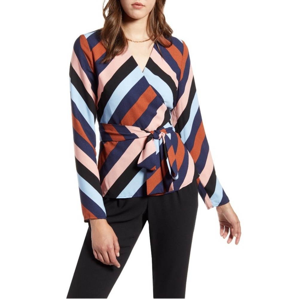 Halogen Multicolor Diagonal Stripe Wrap Blouse - Blue, Rust, Pink, Black